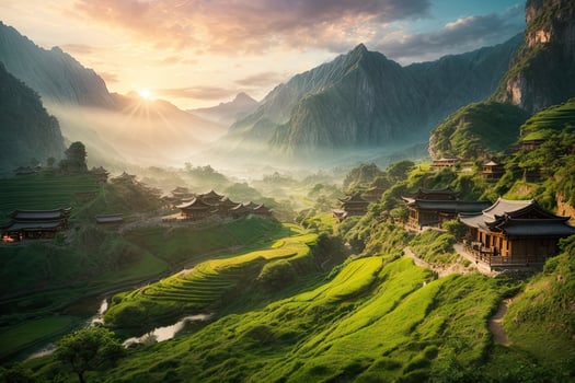 AI generated Majestic sunrise over terraced rice fields nestled among lush green hills Generated by AI photo