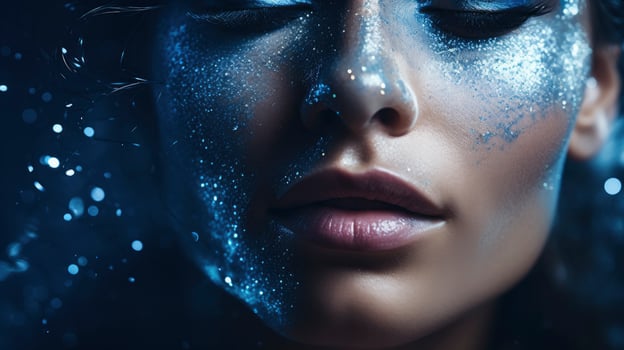AI generated Close-Up Portrait of a Woman in Blue Iridescent Hues, Embracing Dark Romantic Style with Glitter and Bokeh Elements. photo