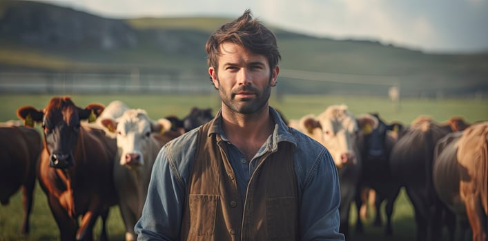 AI generated Farmer Standing in Front of a Herd of Cows. photo