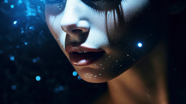 AI generated Close-Up Portrait of a Woman in Blue Iridescent Hues, Embracing Dark Romantic Style with Glitter and Bokeh Elements. photo
