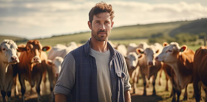AI generated Farmer Standing in Front of a Herd of Cows. photo