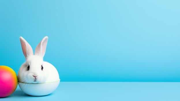 AI generated A playful image of a white bunny peeking out of a colorful Easter egg photo