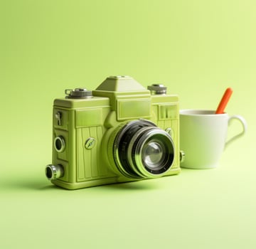 AI generated green camera with cup on green background photo