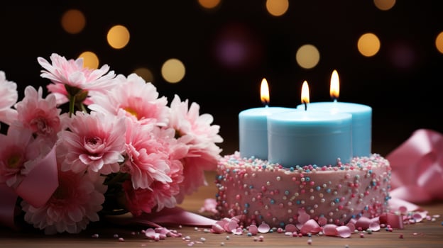 AI generated birthday cake pastel background with copy space photo