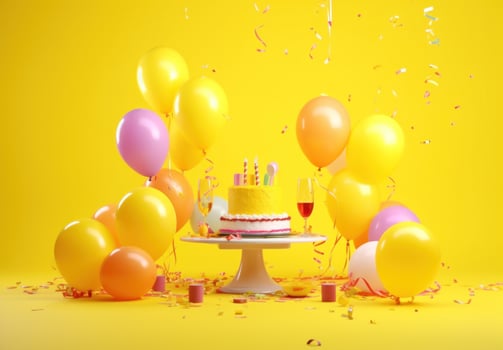 AI generated party table isolated on yellow background with colorful balloons around, photo