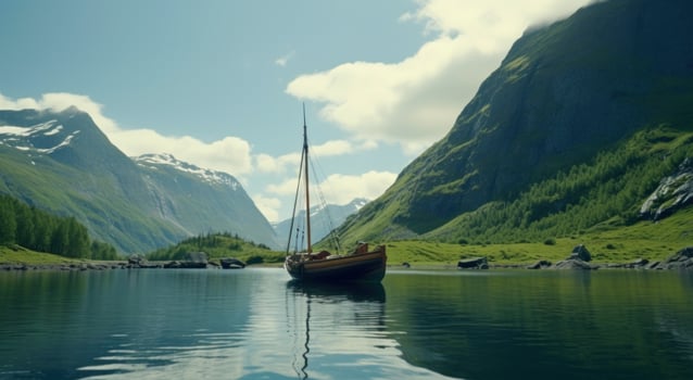AI generated the boat is resting on the calm water beside a mountain, i photo