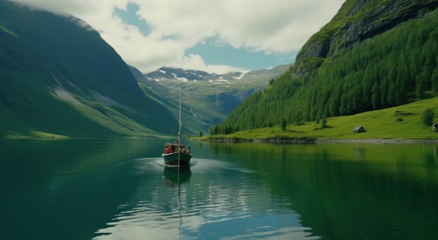 AI generated the boat is resting on the calm water beside a mountain, i photo