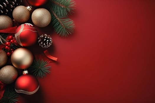 AI generated Christmas composition of fir tree branches with baubles and gifts on red background photo