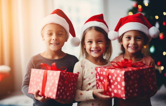 AI generated young kids with santa hats hold christmas gifts, photo