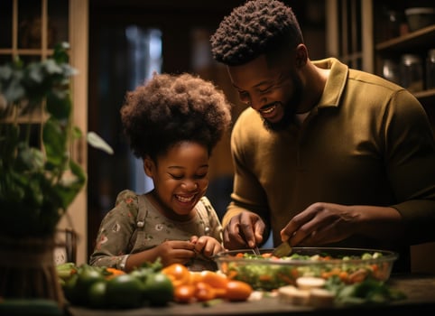AI generated a couple and baby making food in a kitchen photo