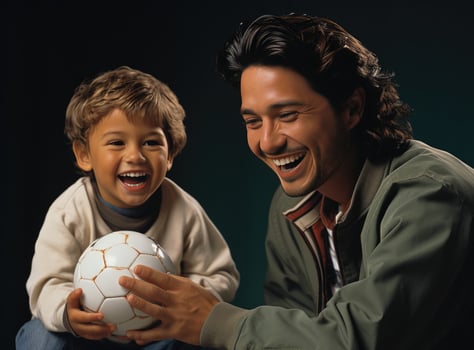 AI generated a man is holding a soccer ball with his young son photo