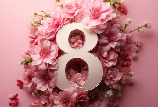 AI generated a pink 8 on top of a floral paper with flowers around it photo