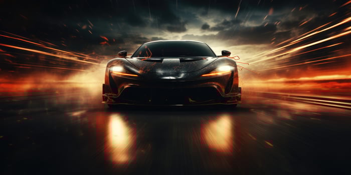 AI generated a race car driving at sunset in the night photo