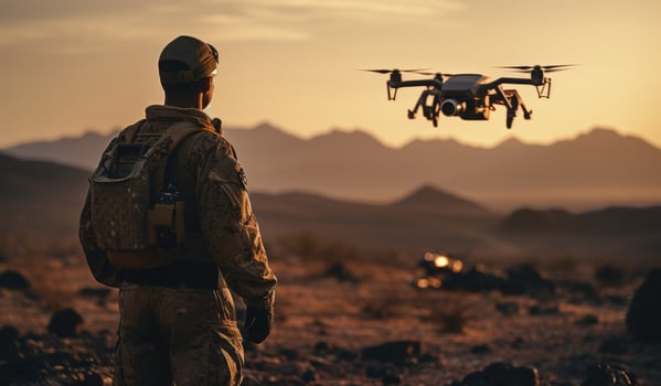 AI generated a soldier looks out over a drone flying in the desert photo