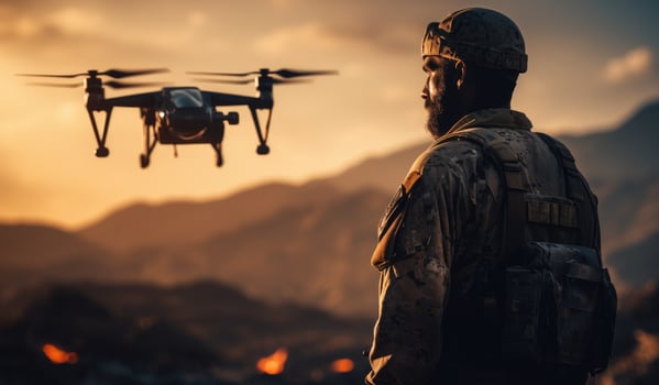 AI generated a soldier looks out over a drone flying in the desert photo