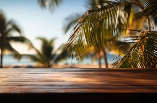 AI generated a wooden table with palm trees in the background photo