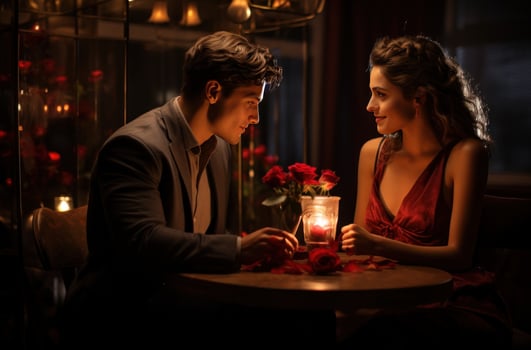 AI generated a young couple is sitting at a table propose photo
