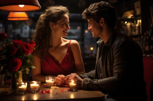 AI generated a young couple is sitting at a table propose photo