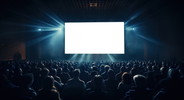 AI generated an audience in an amphitheatre with blank screen, photo