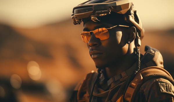 AI generated soldier looks at a drone in the deser photo