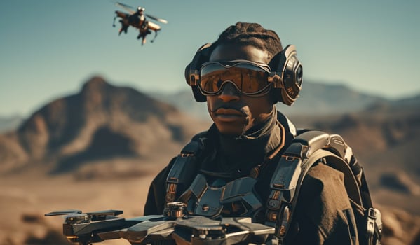 AI generated soldier looks at a drone in the deser photo