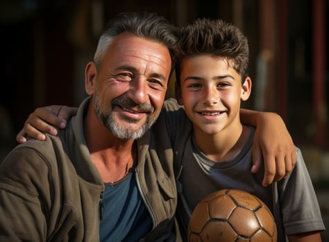 AI generated young soccer player and his father posing with and ball photo