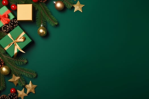 AI generated Christmas composition of fir tree branches with baubles on green background photo