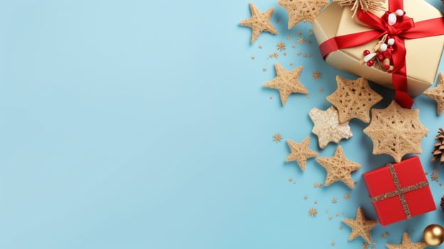 AI generated christmas holidays composition of green fir tree branches with gifts copy space photo