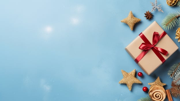 AI generated christmas holidays composition of green fir tree branches with gifts copy space photo