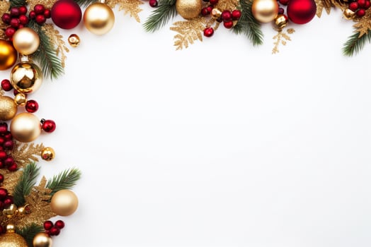 AI generated christmas holidays composition of fir tree branches with baubles and copy space photo