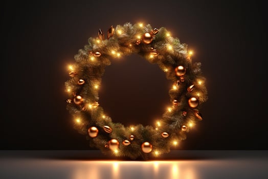 AI generated decorative festive wreath with golden lights isolated on black background photo