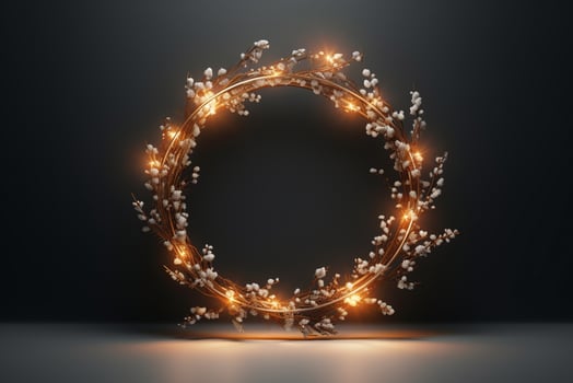 AI generated decorative festive wreath with golden lights isolated on black background photo