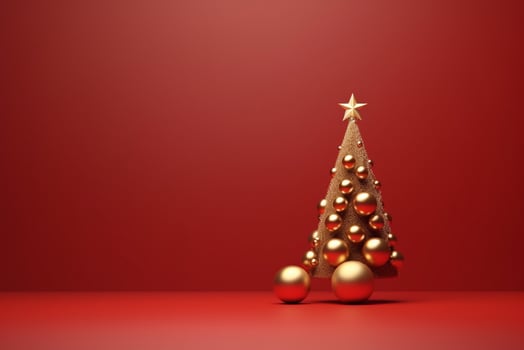 AI generated Red Decorated Christmas tree with gift and copy space red isolated background photo