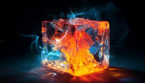 AI generated fire ice cube roasted glass photo