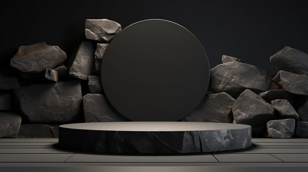 AI generated 3d rendered black empty Luxury natural stone podium for showing packaging and product on black background, copy space photo