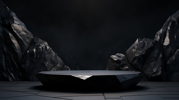 AI generated 3d rendered black empty Luxury natural stone podium for showing packaging and product on black background, copy space photo