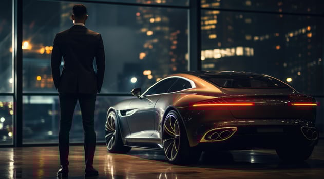 AI generated a man in a suit looking backward at a luxury sports car photo