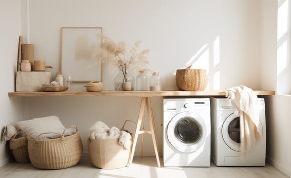 AI generated a white washer in a room with baskets on it photo
