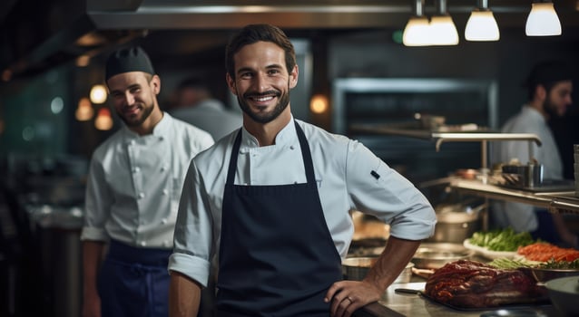 AI generated chef and kitchen staff standing in kitchen with food on table photo