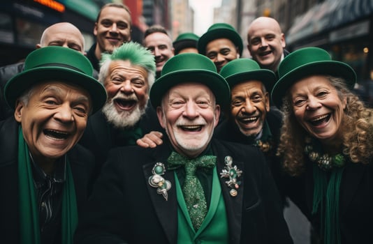 AI generated four elderly saint patrick's day citizens celebrating party with beer on a city street photo