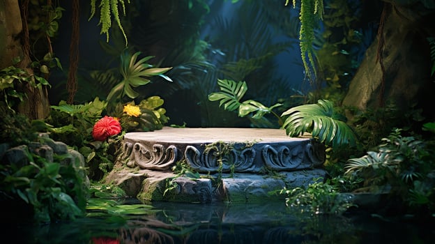 AI generated jungle product display podium or stage product showcase mock up Minimal scene for product display presentation photo