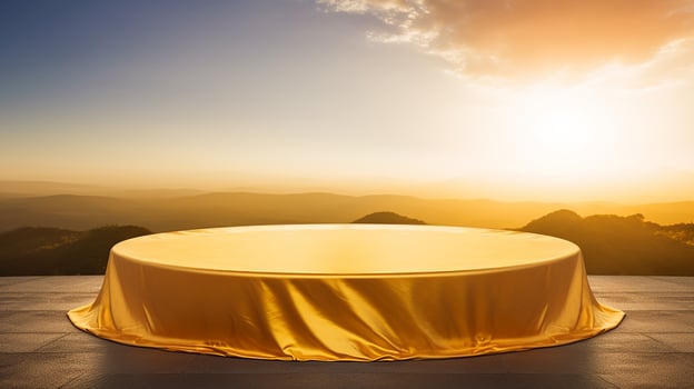 AI generated podium covered with golden cloth cylinder pedestal product display background 3d illustration empty photo