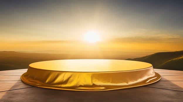 AI generated podium covered with golden cloth cylinder pedestal product display background 3d illustration empty photo