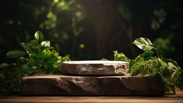 AI generated wooden podium product display in jungle or stage product showcase mock up Minimal scene for product display presentation photo