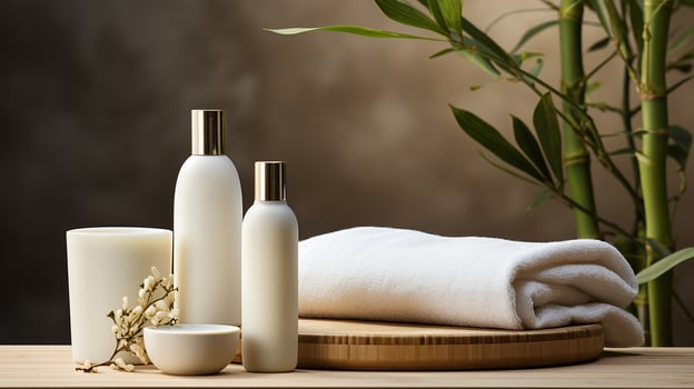 AI generated Beautiful spa and cosmetics products composition on wooden table Natural cosmetic products presentation Beauty, wellness, body care spa concept. photo