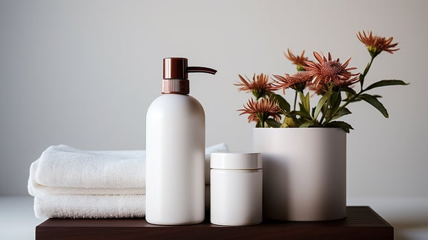 AI generated Beautiful spa and cosmetics products composition on wooden table Natural cosmetic products presentation Beauty, wellness, body care spa concept. photo