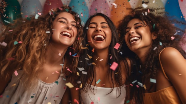 AI generated three young girls stand next to each other laughing heartily, celebrating and kenfetti flies photo