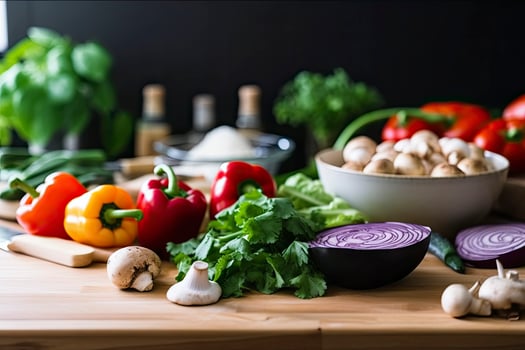 AI generated For cooking, fresh vegetables, green salad, peppers, mushrooms, and eggplant. AI Generated photo