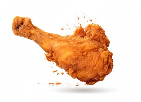 AI generated Fried chicken leg falling in the air isolated on a white background. AI Generated. photo