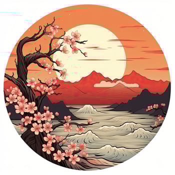 AI generated Cherry blossoms in the sunset background. Japanese tattoo style. AI Generated photo